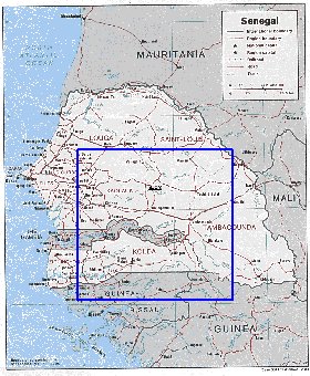 Administrativa mapa de Senegal em ingles