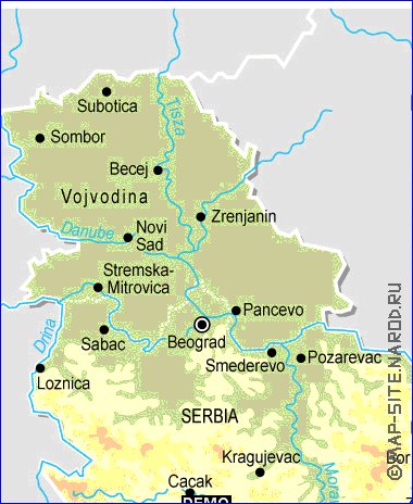 Physique carte de Serbie