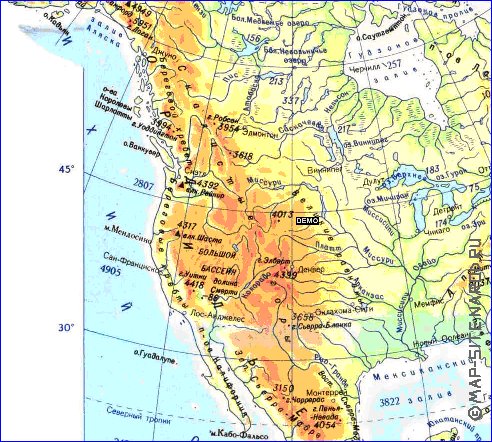 Physique carte de Amerique du Nord