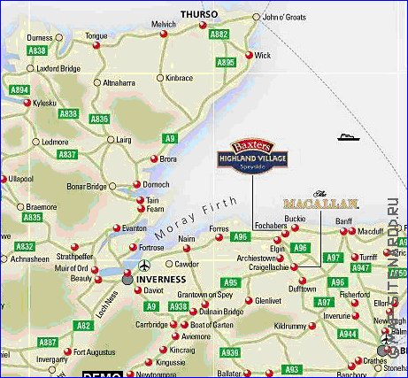 mapa de de estradas Escocia em ingles