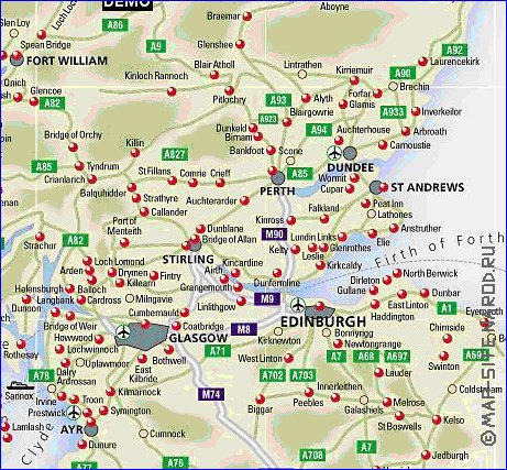 mapa de de estradas Escocia em ingles