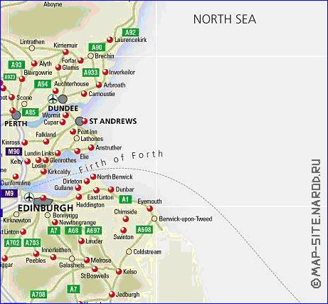 mapa de de estradas Escocia em ingles