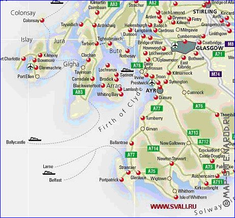 mapa de de estradas Escocia em ingles