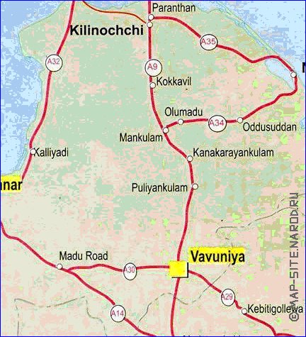 mapa de de estradas Sri Lanka em ingles