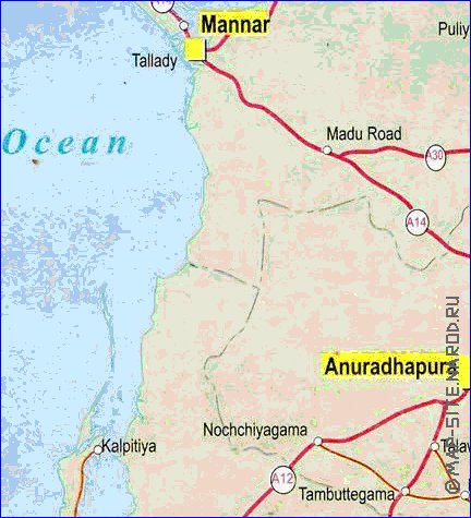 mapa de de estradas Sri Lanka em ingles