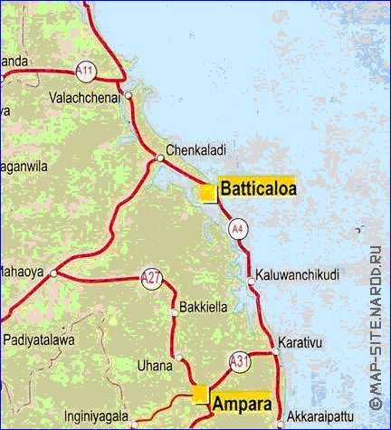 mapa de de estradas Sri Lanka em ingles