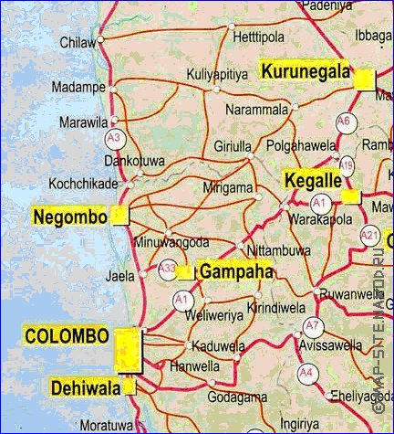 mapa de de estradas Sri Lanka em ingles