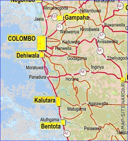 mapa de de estradas Sri Lanka em ingles