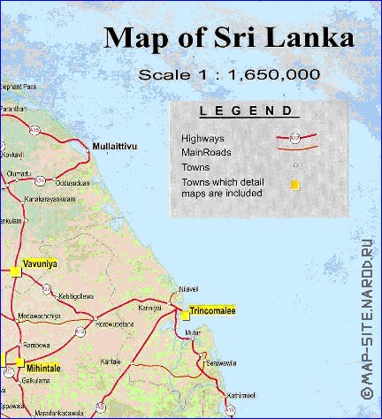 mapa de de estradas Sri Lanka em ingles