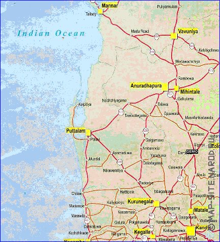 mapa de de estradas Sri Lanka em ingles