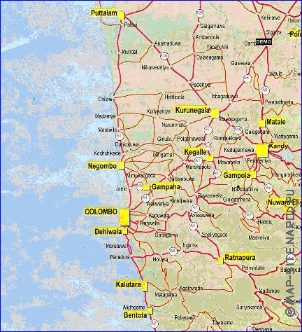 mapa de de estradas Sri Lanka em ingles