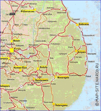 mapa de de estradas Sri Lanka em ingles