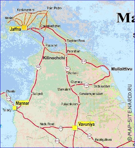 mapa de de estradas Sri Lanka em ingles