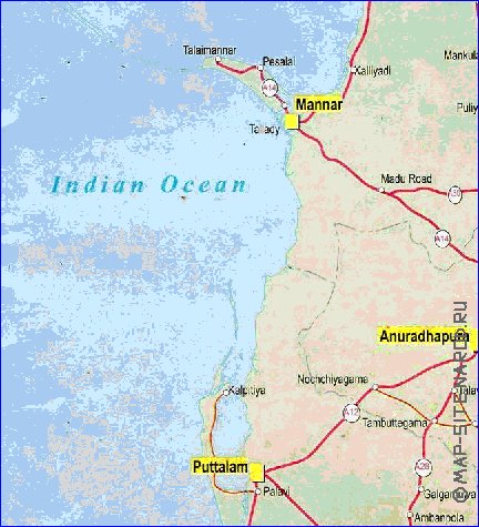 mapa de de estradas Sri Lanka em ingles