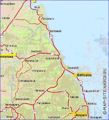 mapa de de estradas Sri Lanka em ingles