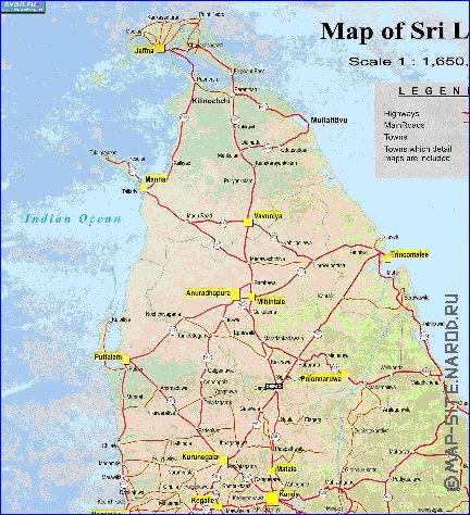 mapa de de estradas Sri Lanka em ingles