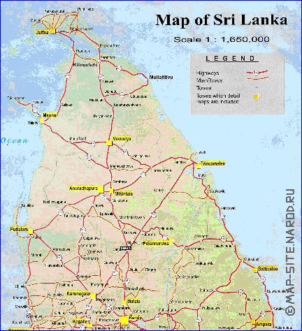 mapa de de estradas Sri Lanka em ingles