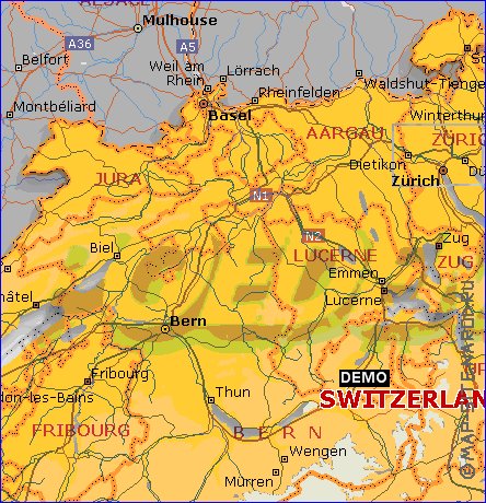 Administrativa mapa de Suica em ingles