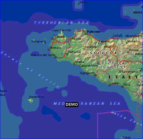 Physique carte de Sicile en anglais