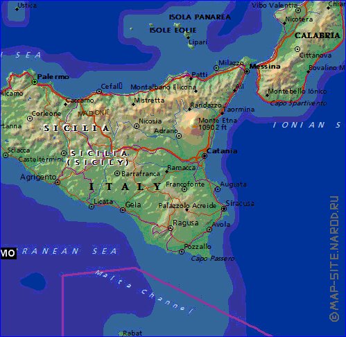 Physique carte de Sicile en anglais