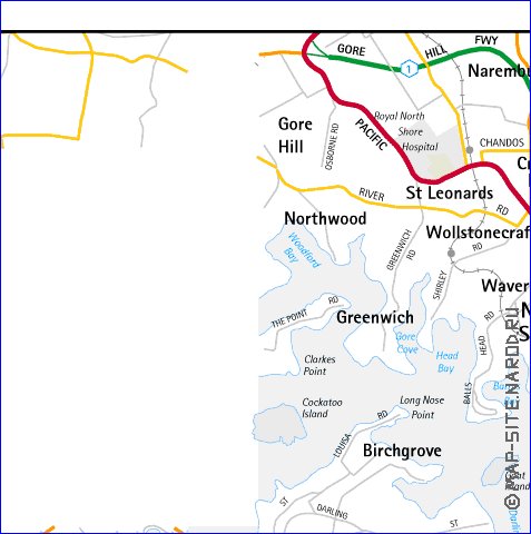 mapa de de estradas Sydney em ingles