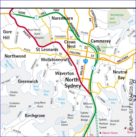 carte de des routes Sydney en anglais