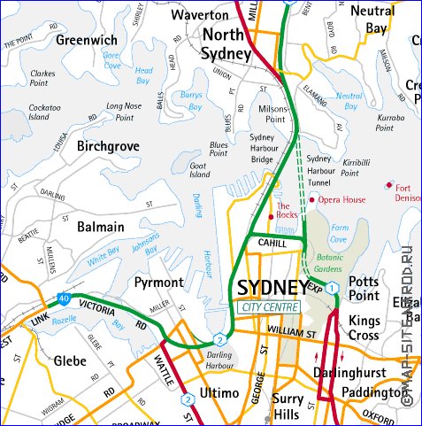 mapa de de estradas Sydney em ingles