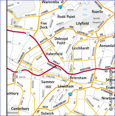 mapa de de estradas Sydney em ingles