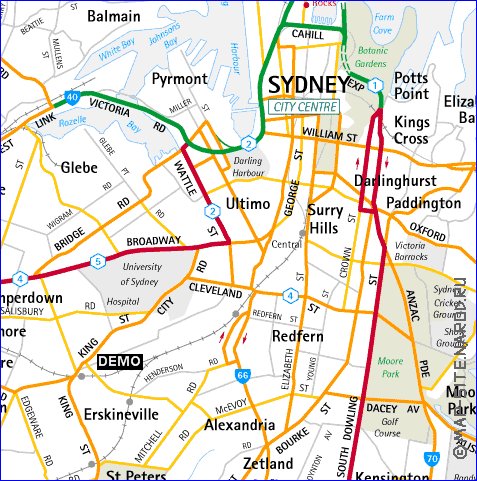 mapa de de estradas Sydney em ingles