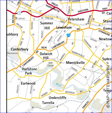 mapa de de estradas Sydney em ingles