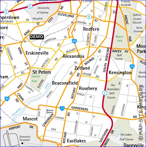 mapa de de estradas Sydney em ingles