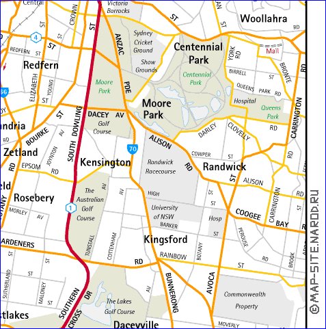 mapa de de estradas Sydney em ingles