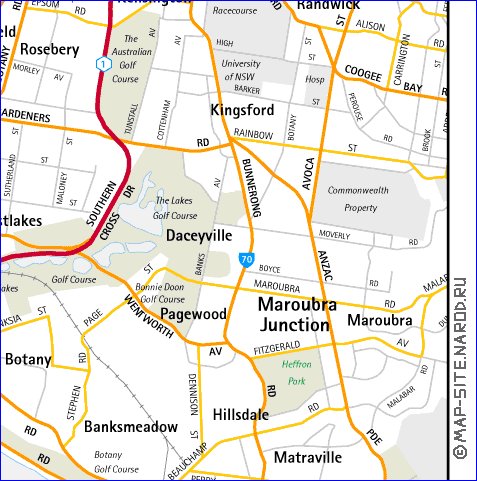 mapa de de estradas Sydney em ingles