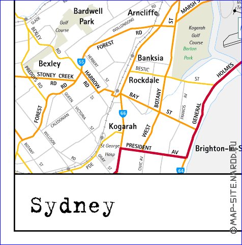 mapa de de estradas Sydney em ingles