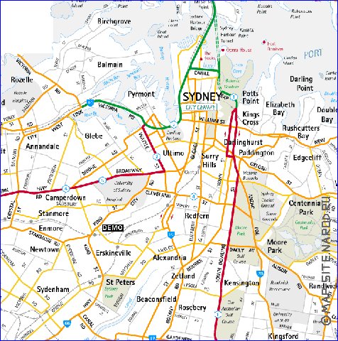 mapa de de estradas Sydney em ingles